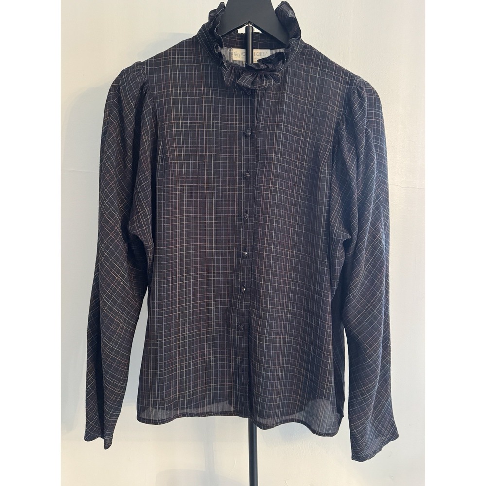 Vtg Sophisticates Y2K Sheer Plaid‎ Ruffle Neck Blouse Womens L Button Front